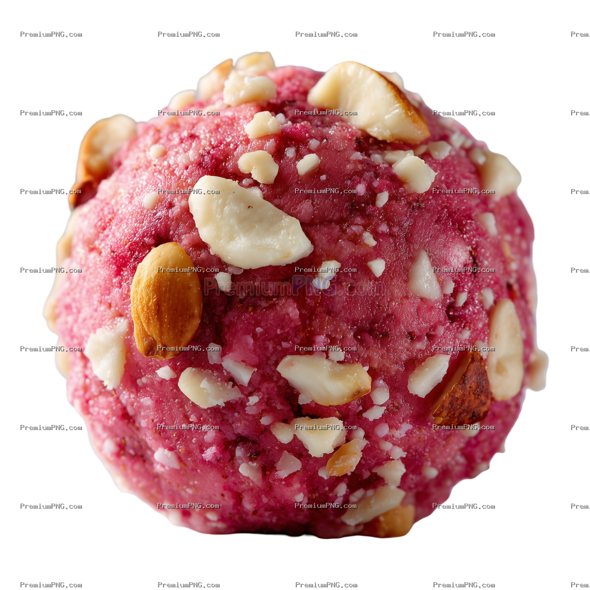 A vibrant pink protein ball, infused with raspberry and white chocolate flavor. The pink color comes