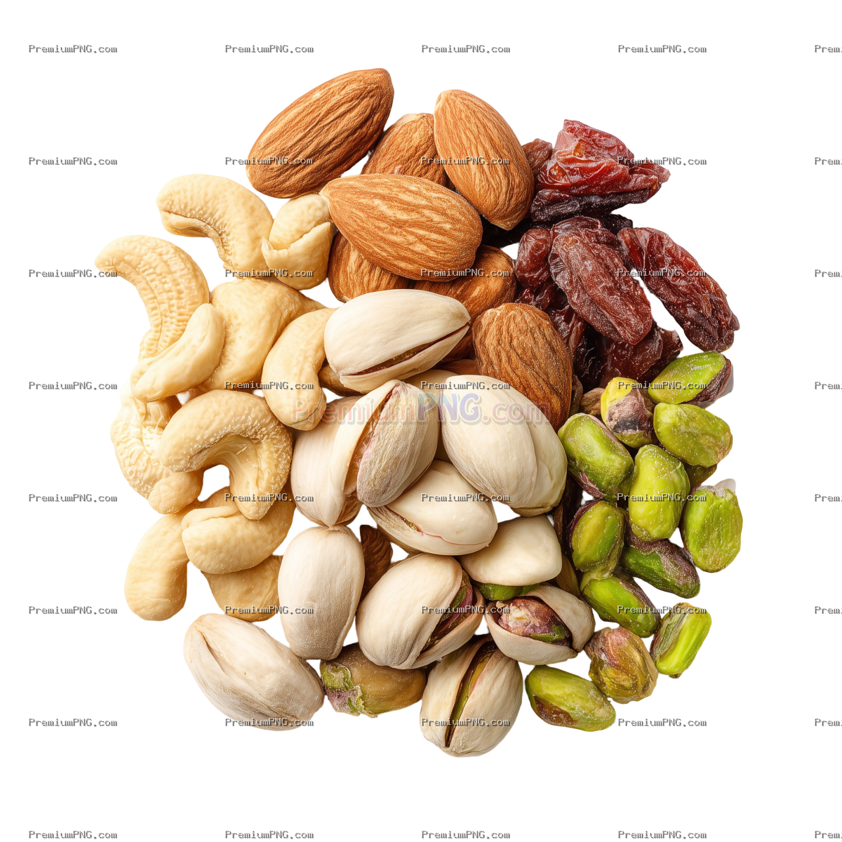 Almond, Cashew, Pistachio, and Pista Mix Dry Fruits in white background