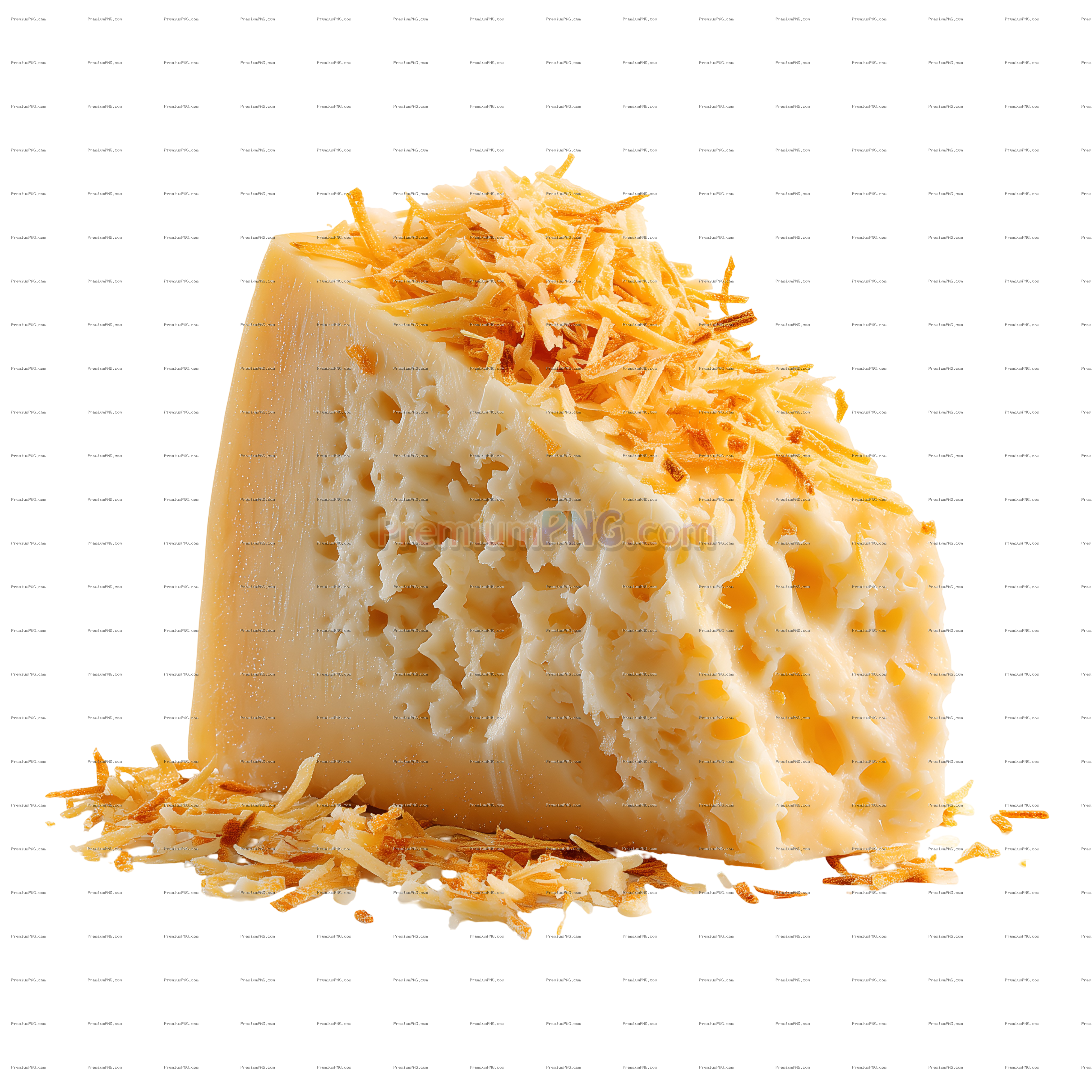 Aged cheese wedge with grated topping isolated on white background