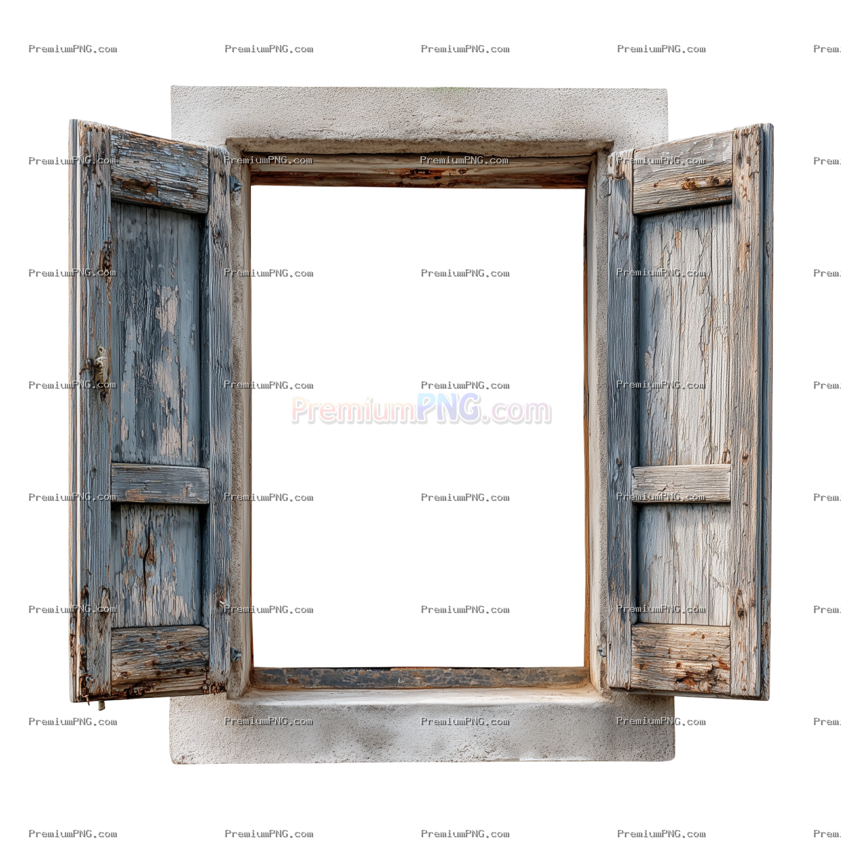 an open window without weathered wooden shutters. isolated on a white background