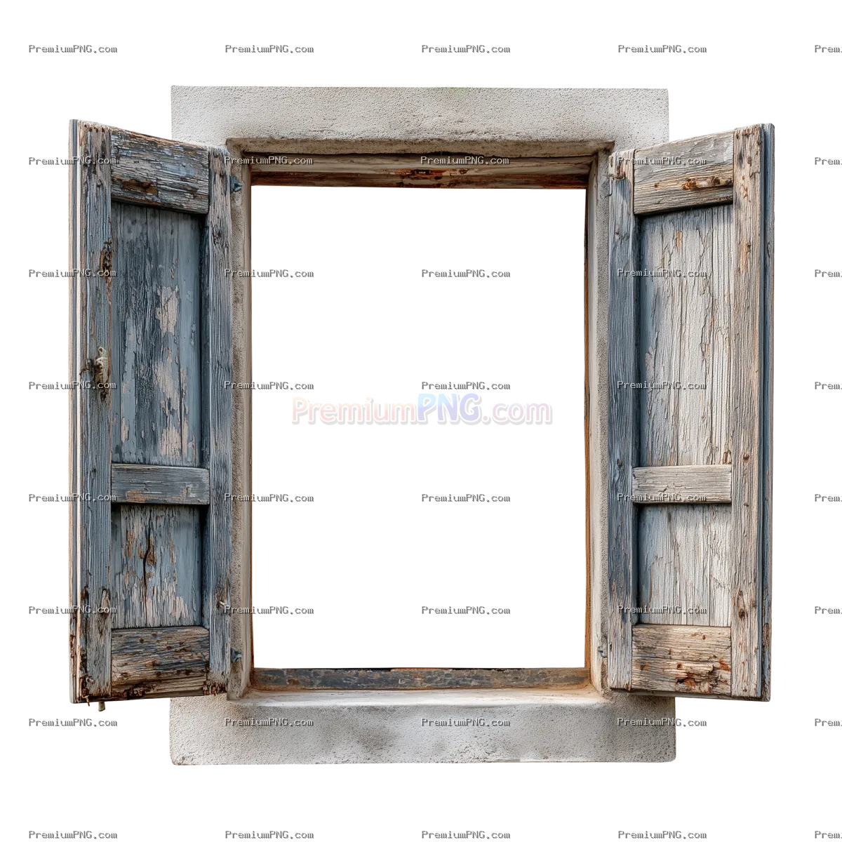 an open window without weathered wooden shutters. isolated on a white background