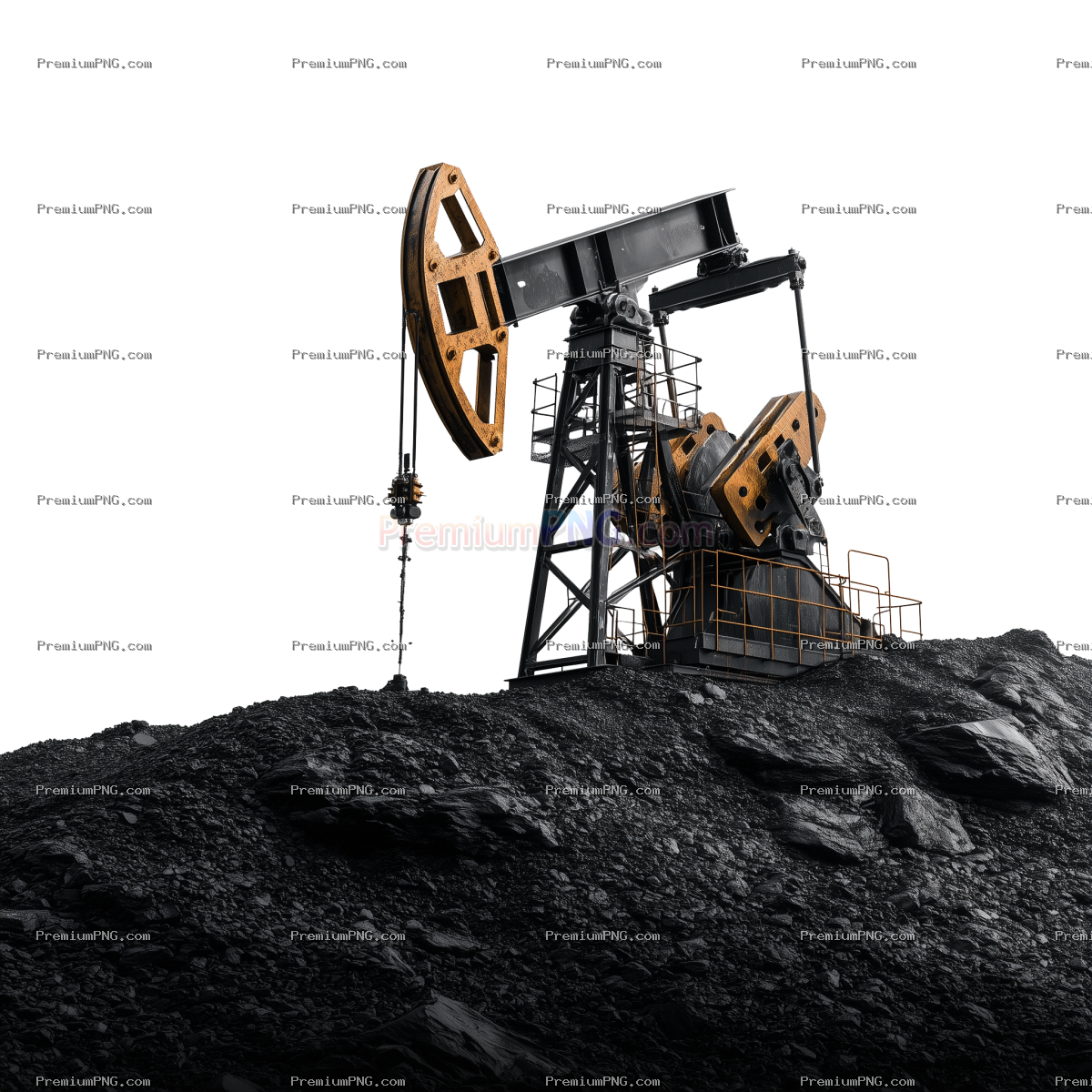 An isolated oil pumpjack extracting crude oil from the ground, set against a black coal backdrop. En