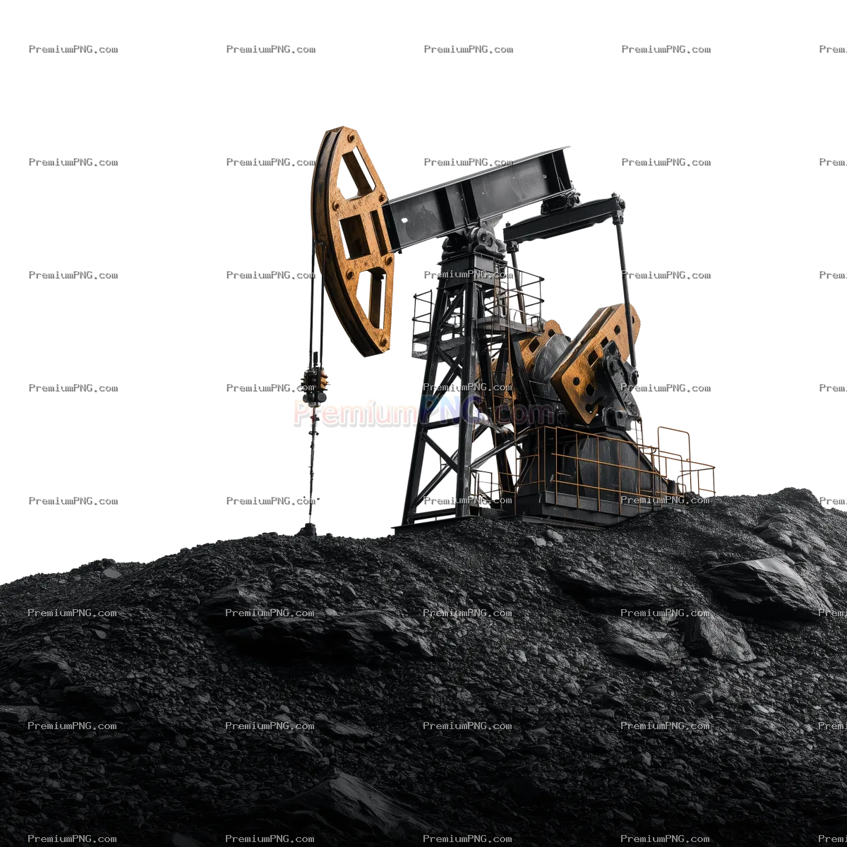 An isolated oil pumpjack extracting crude oil from the ground, set against a black coal backdrop. En
