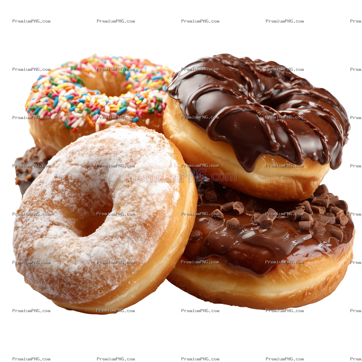 Assorted delicious donuts isolated on transparent background