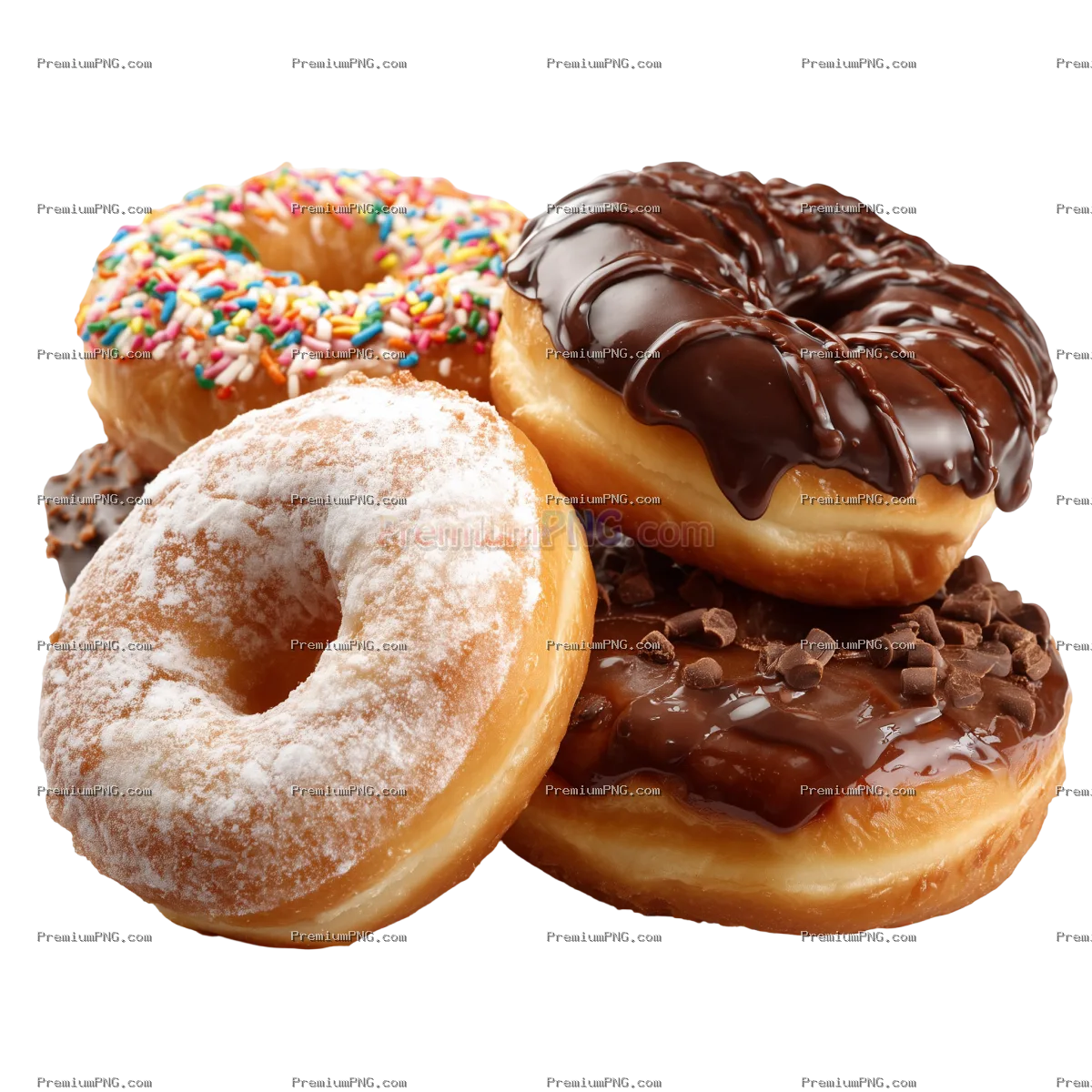 Assorted delicious donuts isolated on transparent background