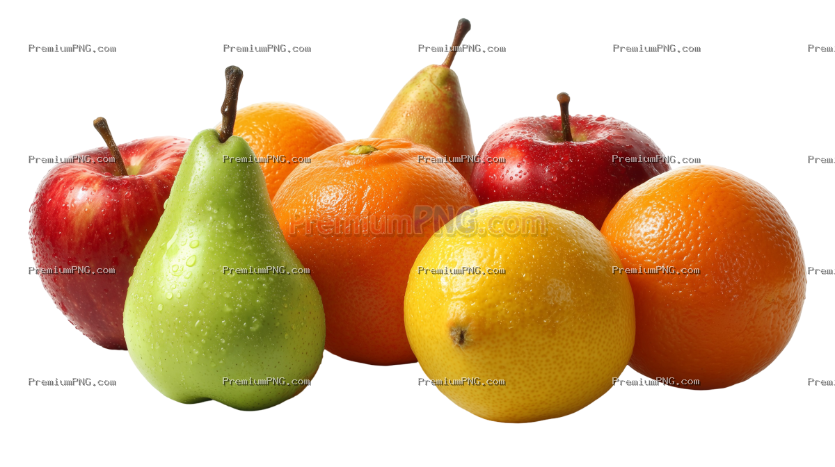 Assorted Fresh Fruits Including Apples, Pears, and Oranges, isolated on white background