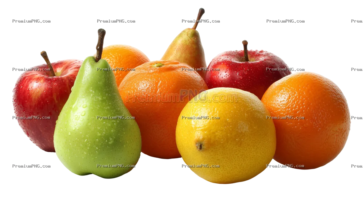 Assorted Fresh Fruits Including Apples, Pears, and Oranges, isolated on white background