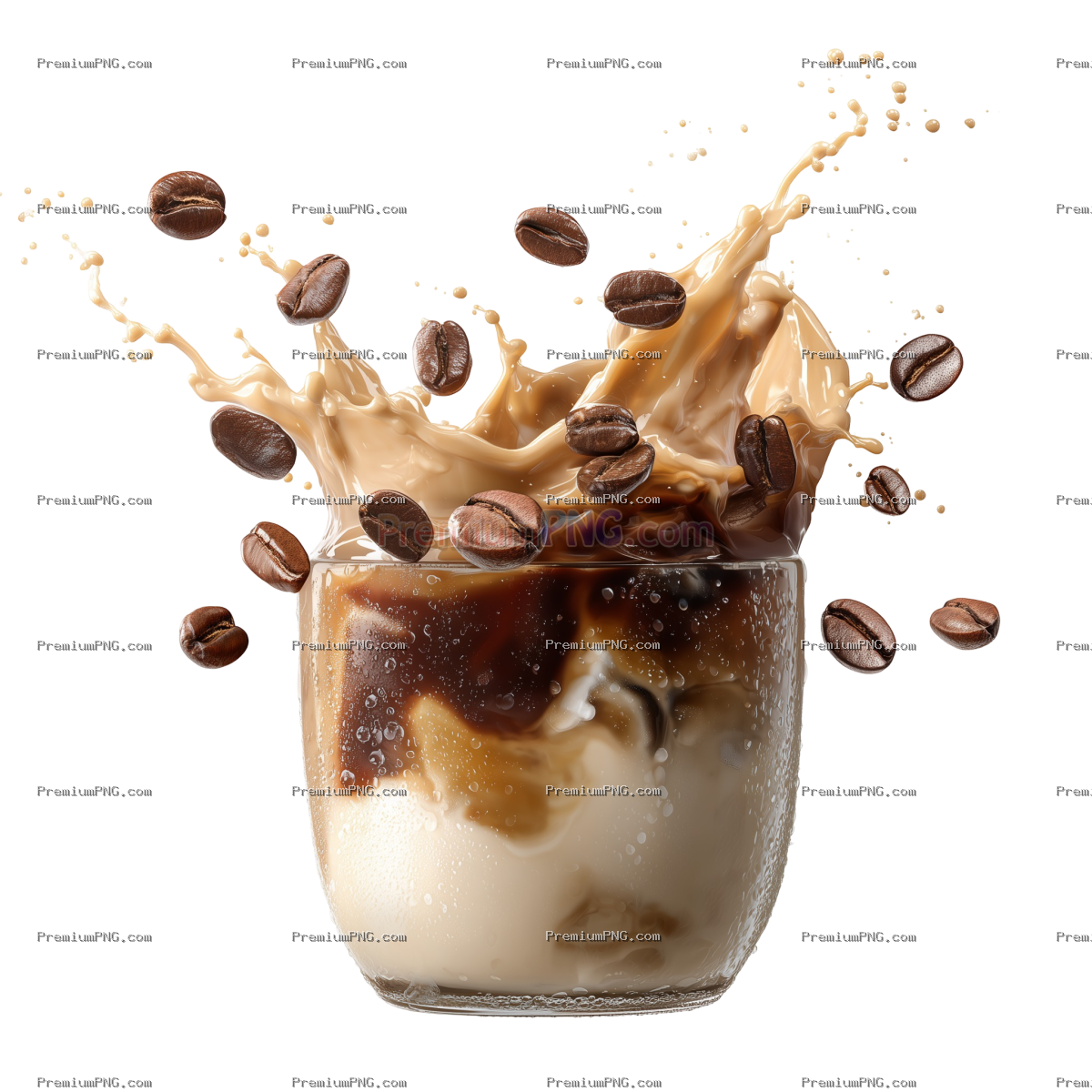 Artistic splash of coffee and cream with floating roasted coffee beans on a transparent background