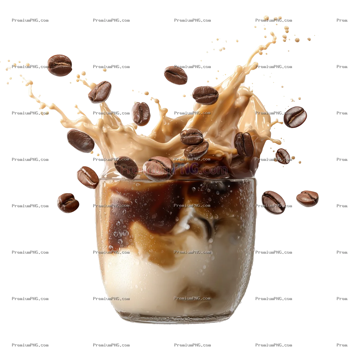 Artistic splash of coffee and cream with floating roasted coffee beans on a transparent background