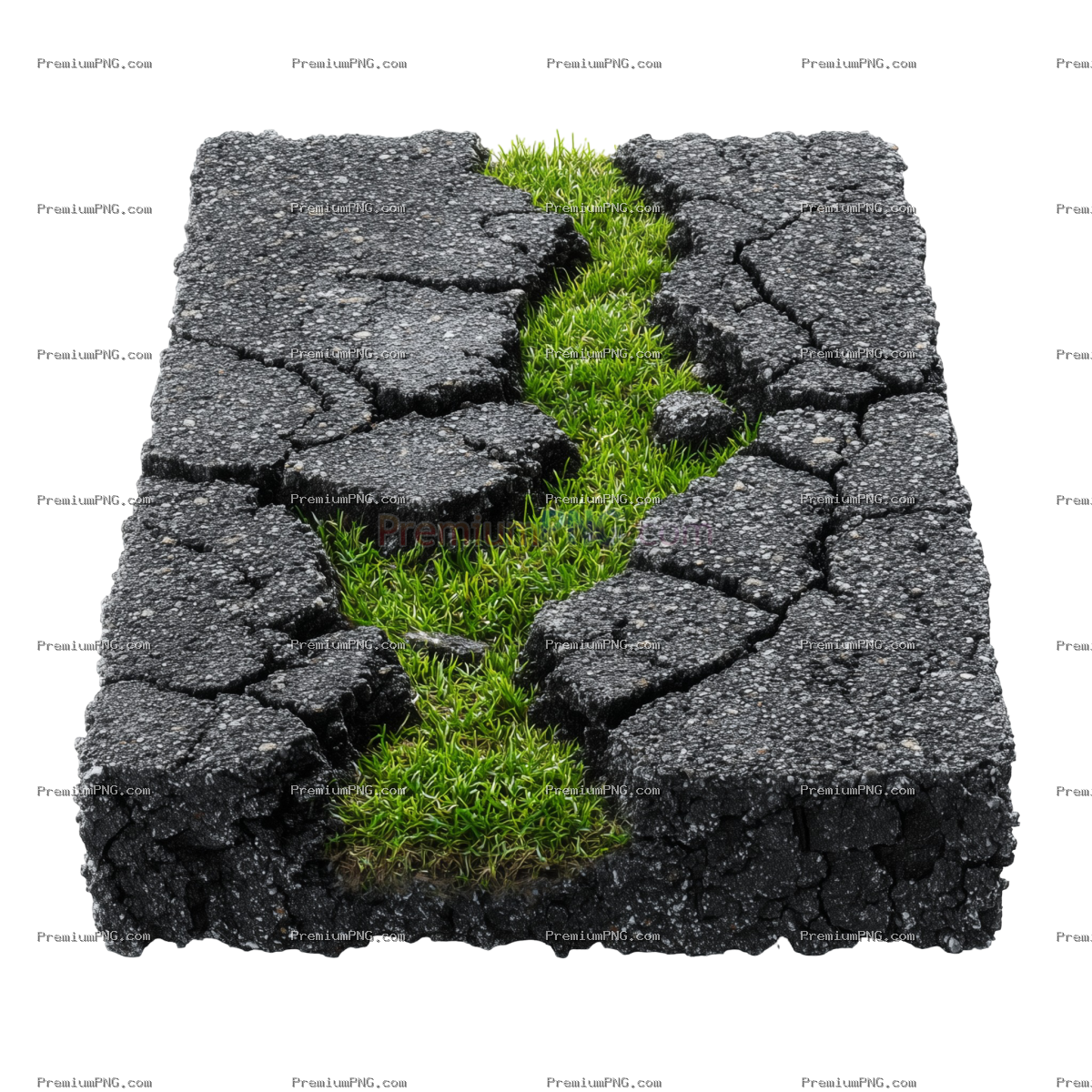 Asphalt road work planning concept. A cracked surface with vibrant green grass emerging on transpare