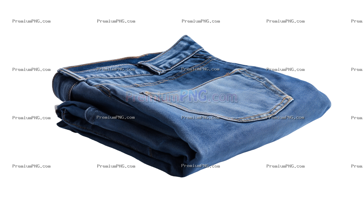 A folded denim trouser placed on a clean white background, professional studio lighting, product pho