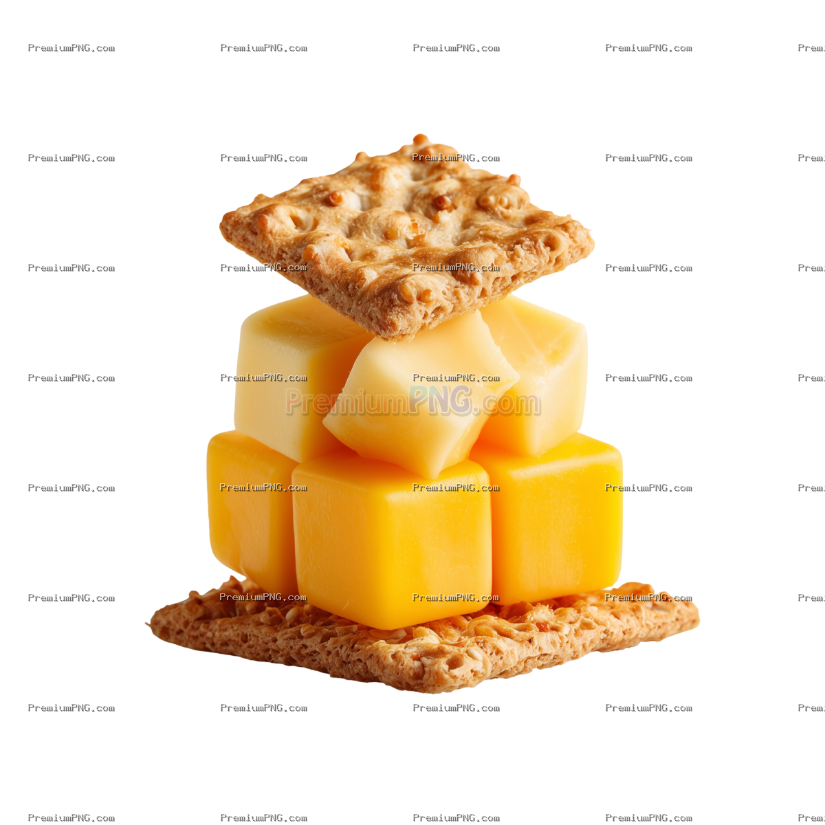 a mini cubed cheese on top of a mini cracker and another cracker on top of the cheese