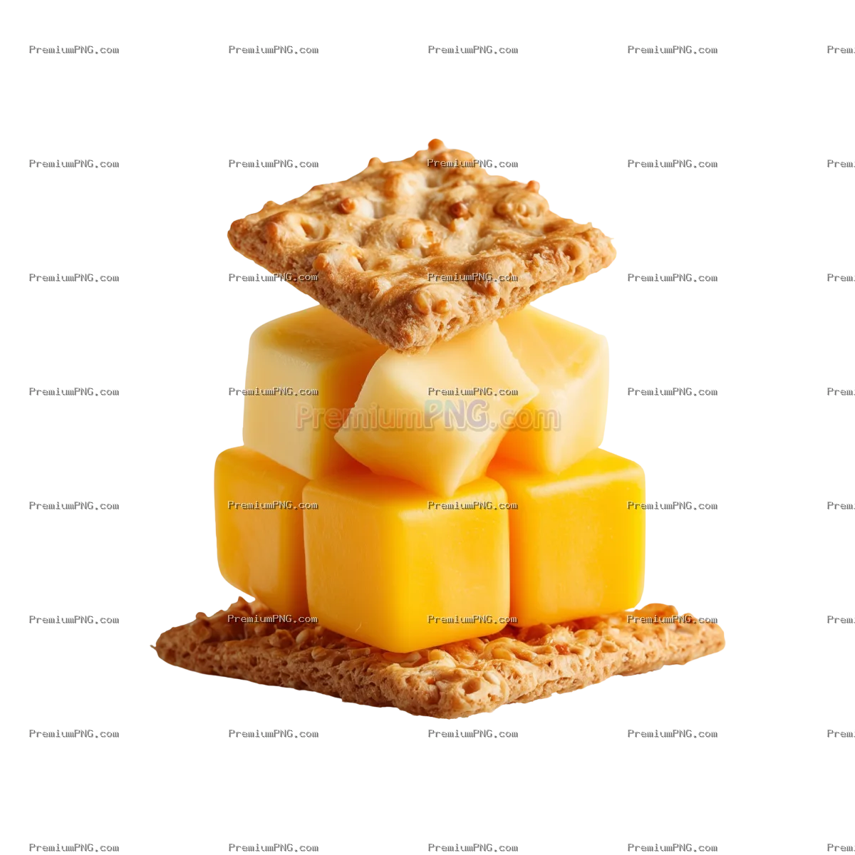 a mini cubed cheese on top of a mini cracker and another cracker on top of the cheese