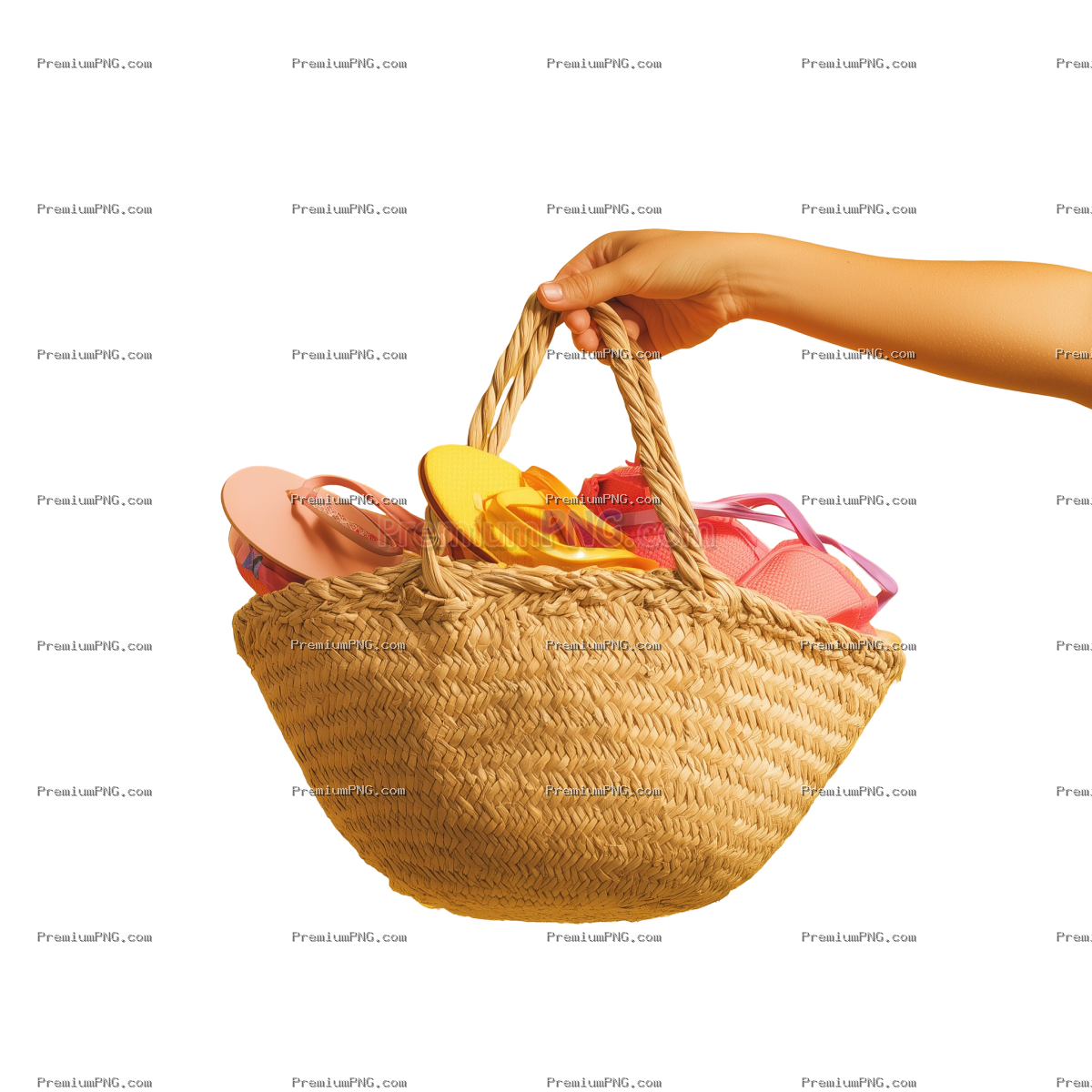 A hand holding a beach basket with bikinis and slippers inside