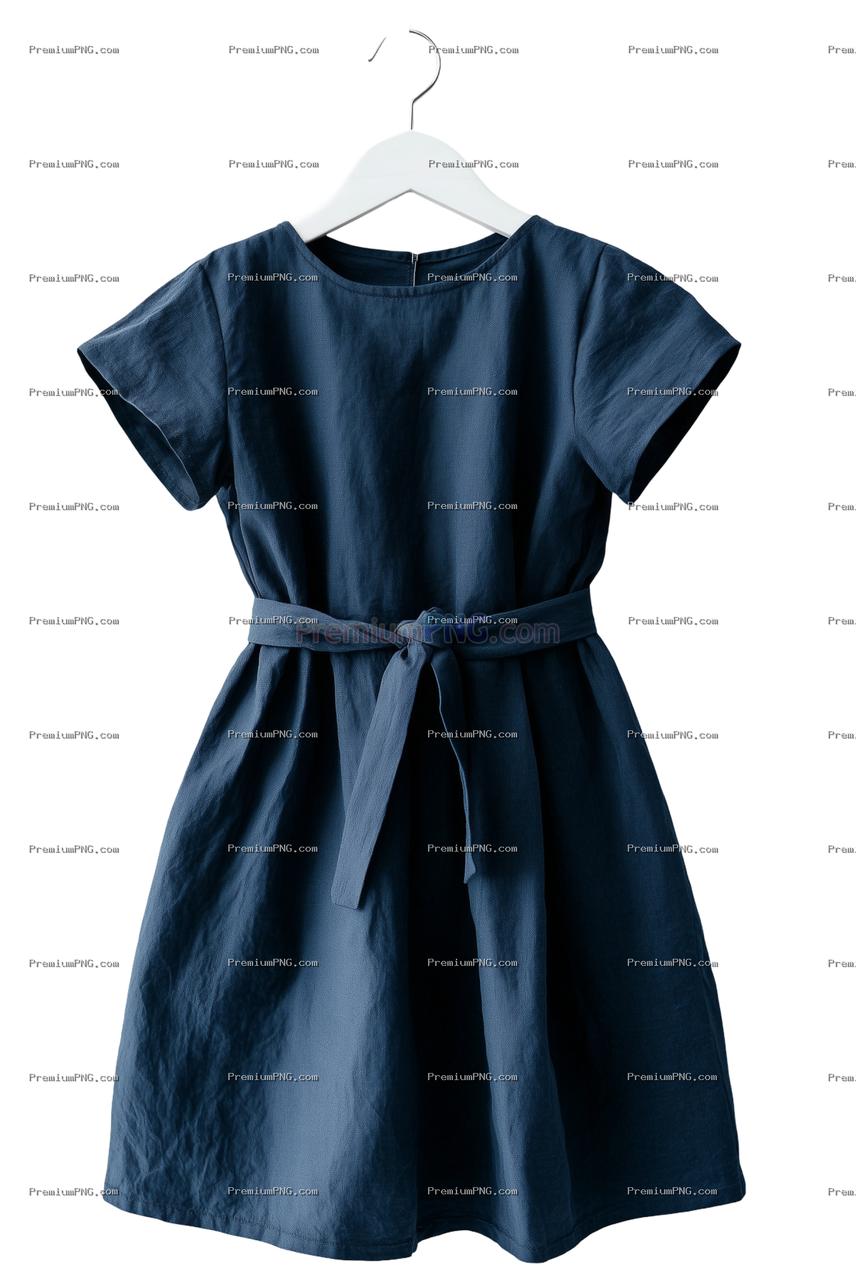 A navy blue children's dress with short sleeves and an A-line silhouette, tied at the waist for deta