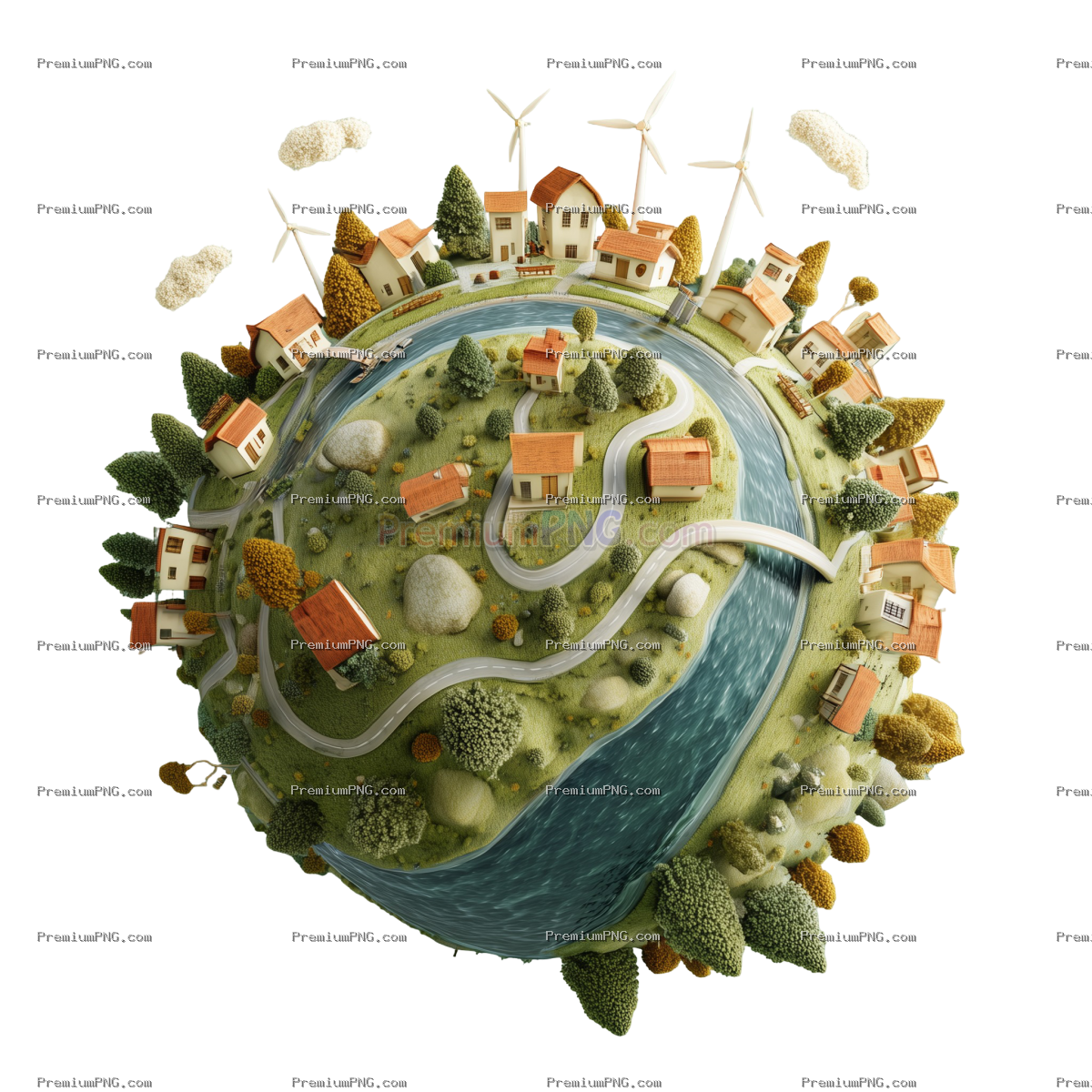 a miniature. stylized planet featuring a small town with winding roads. houses. trees. and wind turb