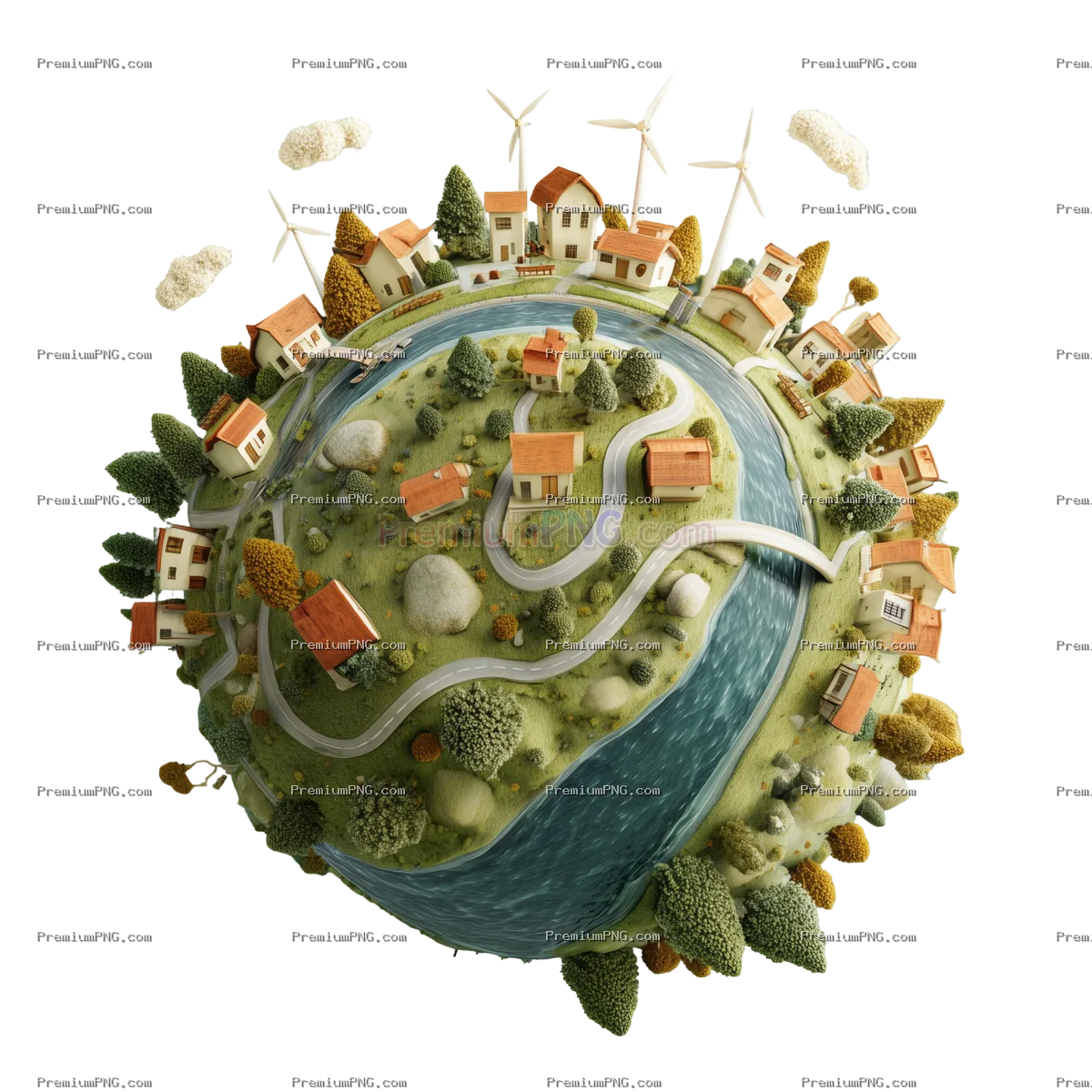 a miniature. stylized planet featuring a small town with winding roads. houses. trees. and wind turb