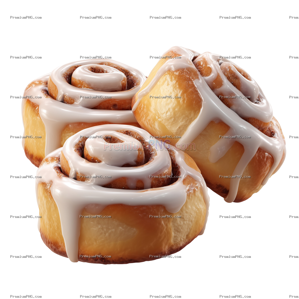 3D cinnamon rolls with icing isolated on transparent PNG background for bakery and dessert-themed il