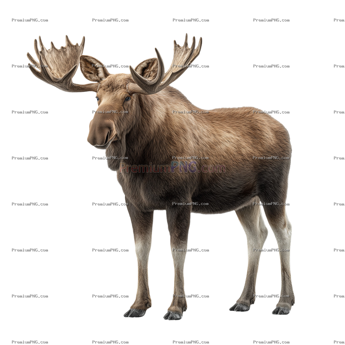 a photorealistic moose with antlered, standing, side view, looking directly at the camera, full body