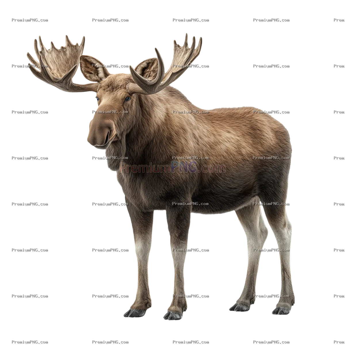 a photorealistic moose with antlered, standing, side view, looking directly at the camera, full body