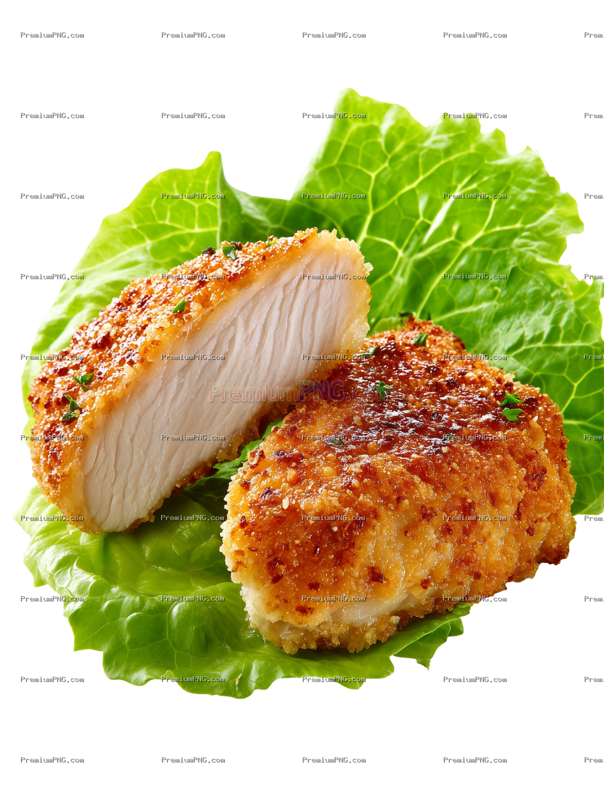 a piece of chicken with parmesan cheese, cut in half and served on lettuce leaves, cooked in a fast 