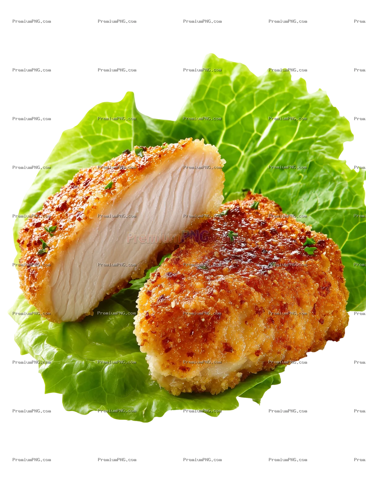 a piece of chicken with parmesan cheese, cut in half and served on lettuce leaves, cooked in a fast