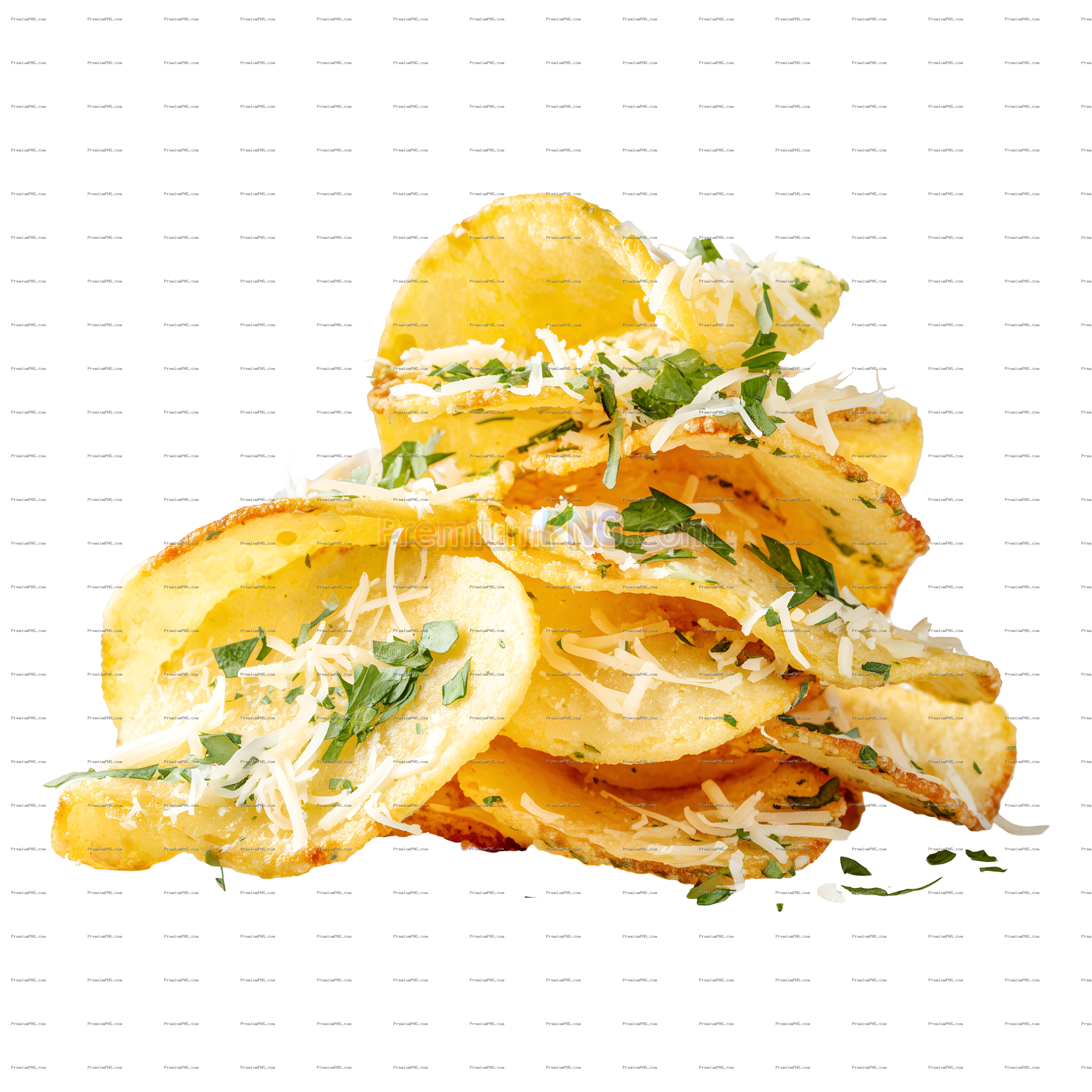 A pile of chips with cheese and herbs isolated on white background