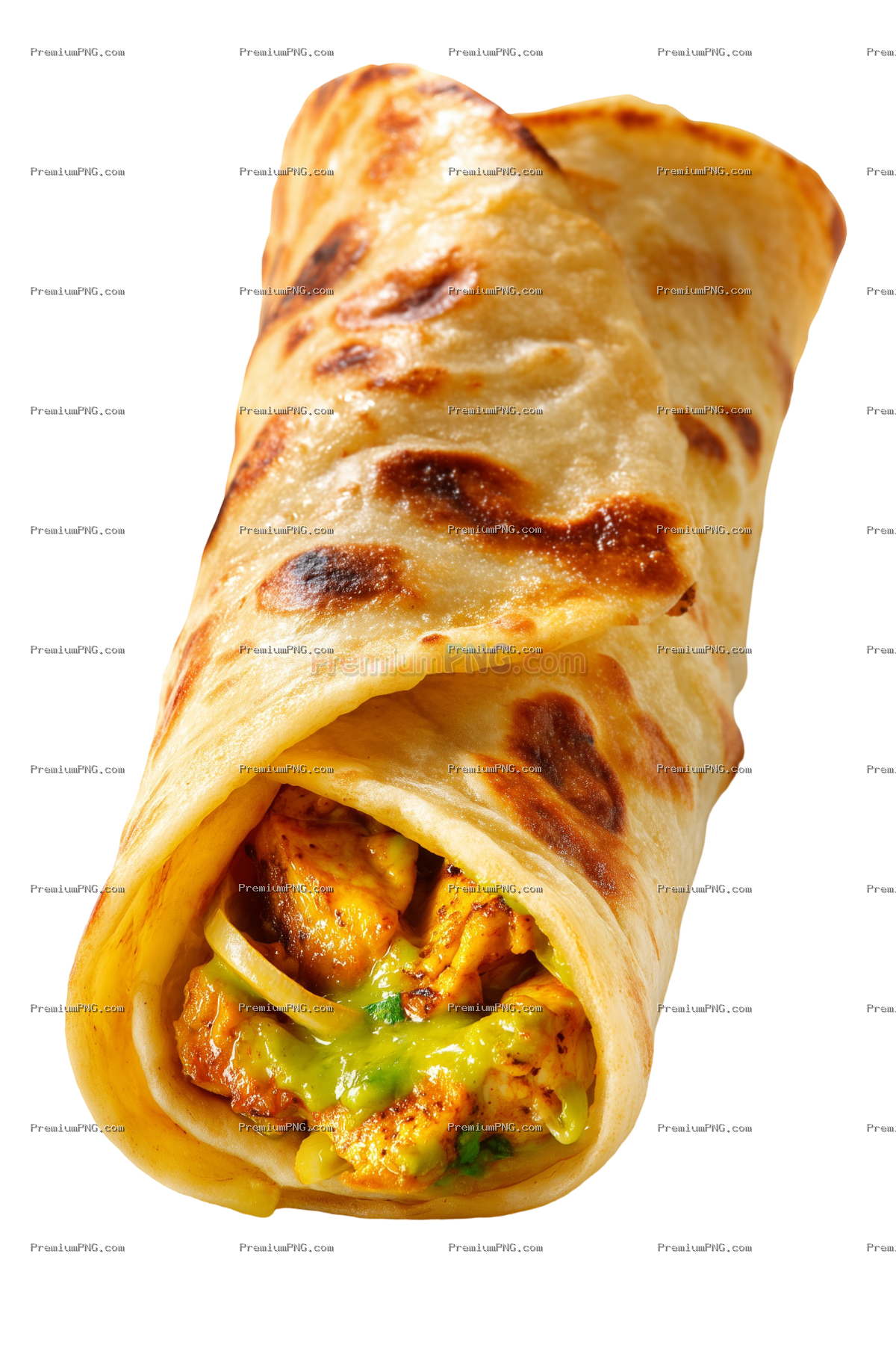 a single Indian kati roll placed on a clean white background. The roll is made with golden, flaky pa