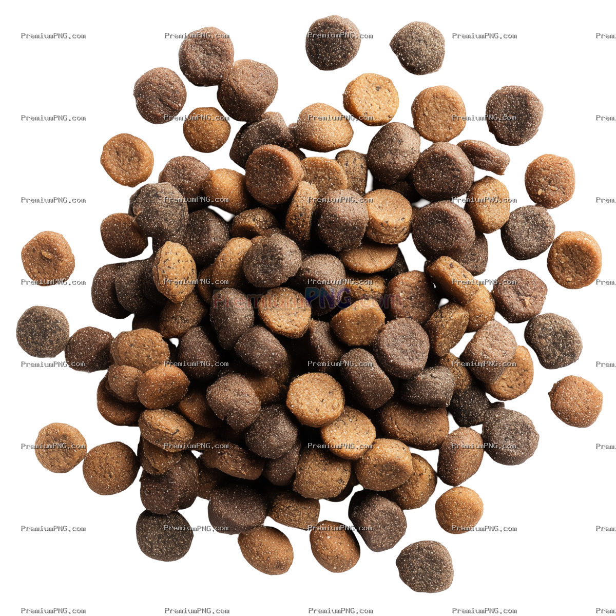 Aerial view of assorted brown pet food pellets scattered on a white background