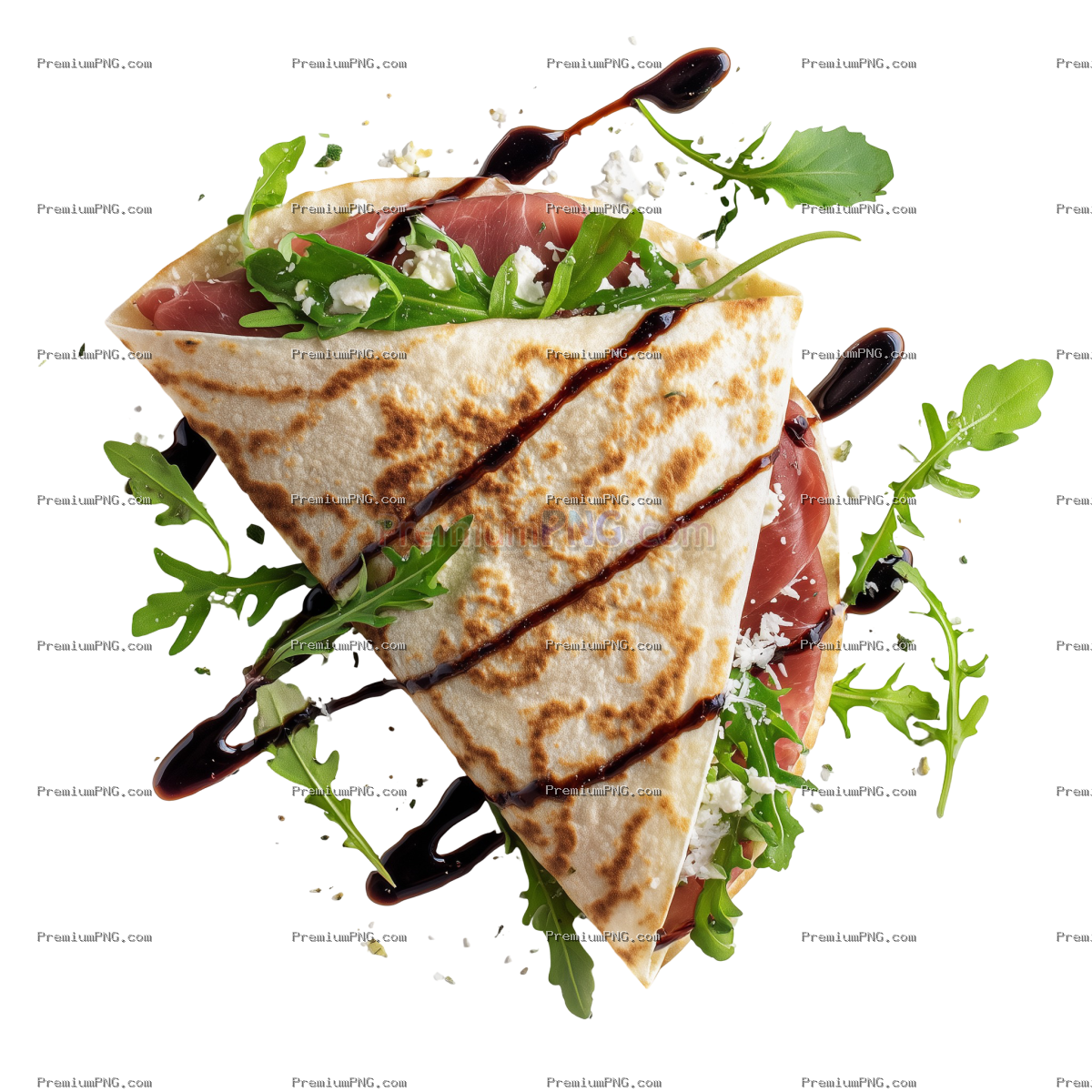 Advertising photo of a Piadina folded in half seen from above with bresaola, Parmigiano Reggiano cre
