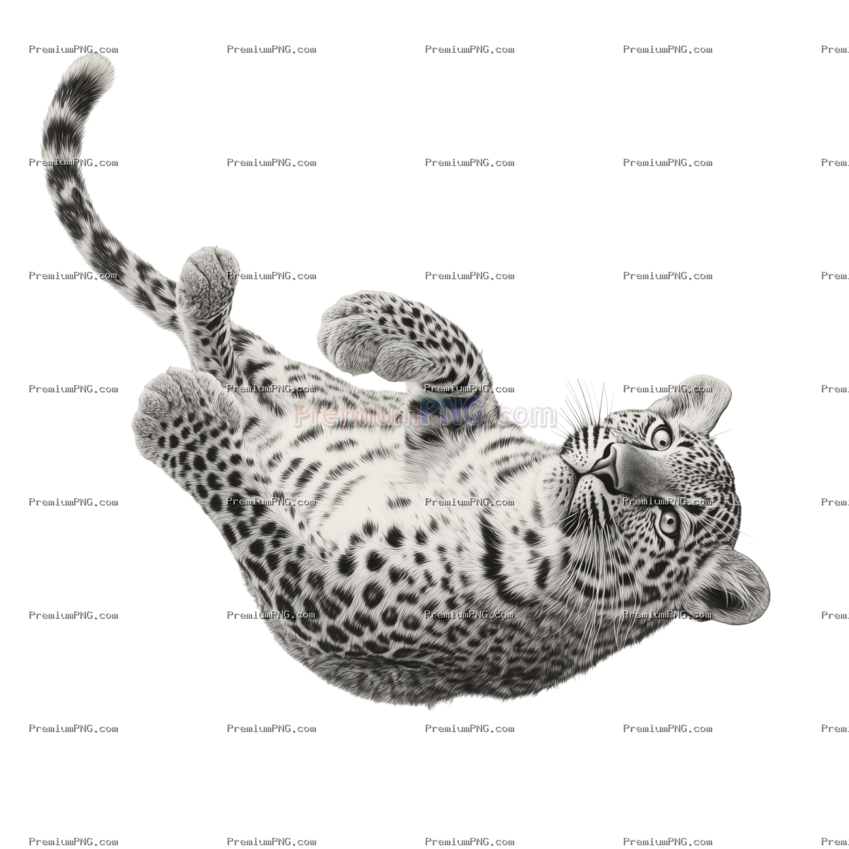 black and white photograph of a leopard in a playful on transparent background
