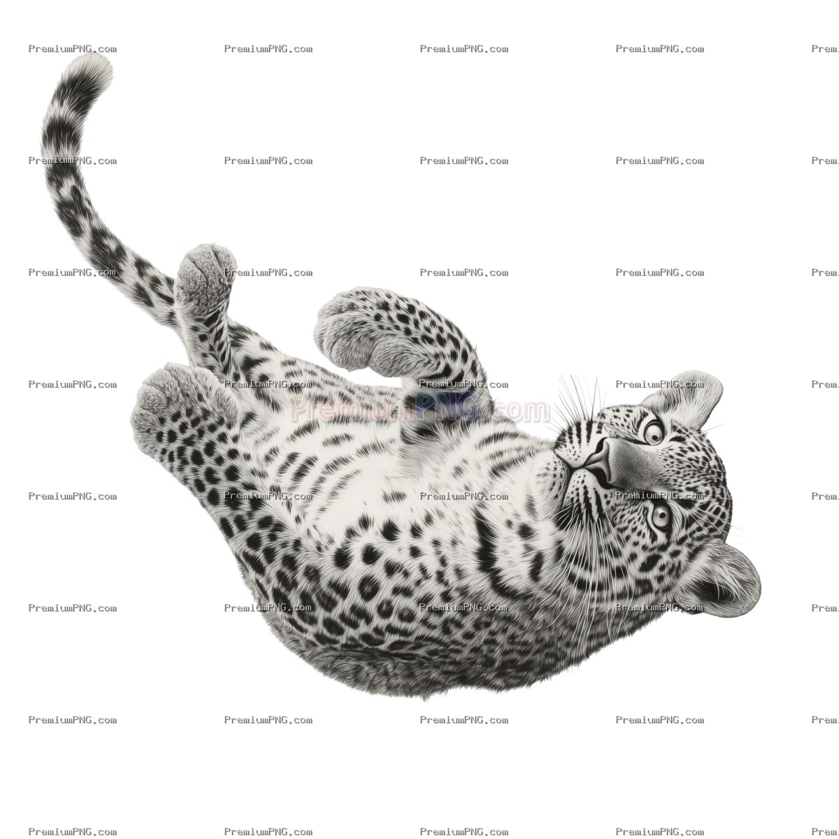 black and white photograph of a leopard in a playful on transparent background