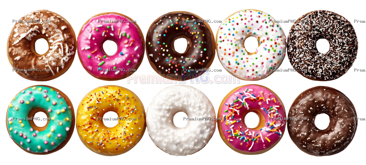 a colorful assortment of donuts arranged in two rows