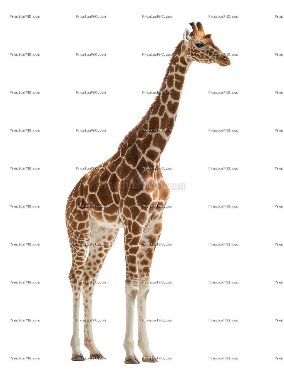 a full-body giraffe, side view, standing tall, isolated on a pure white seamless transparent backgro