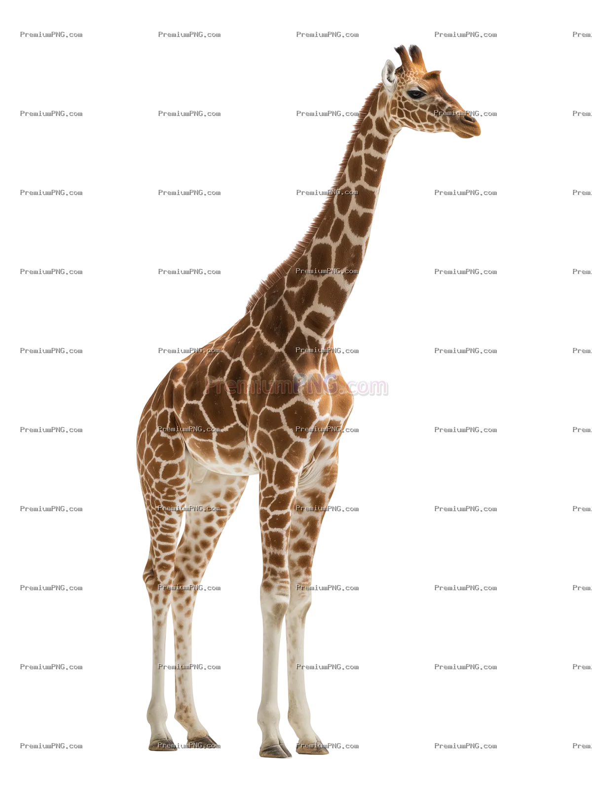 a full-body giraffe, side view, standing tall, isolated on a pure white seamless transparent backgro