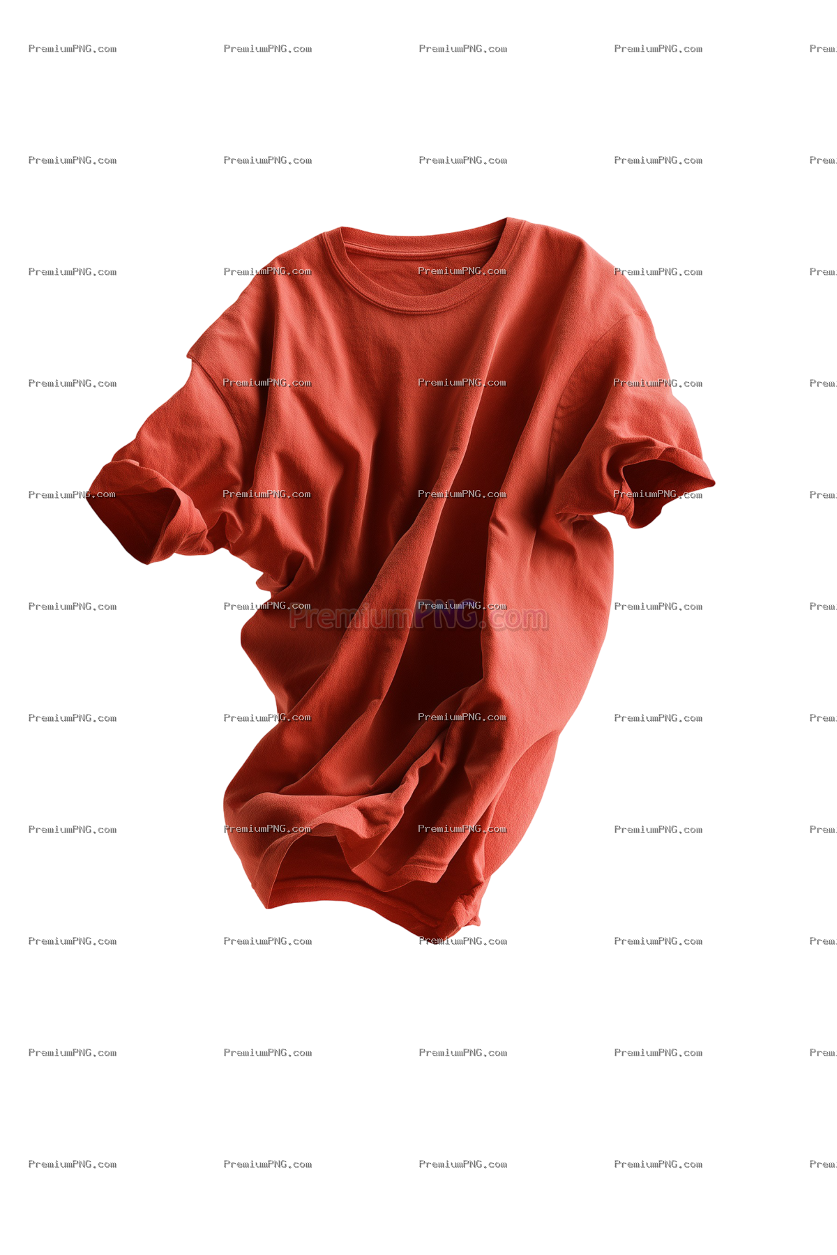 a classic coral red cotton t-shirt floating mid-air, soft natural folds