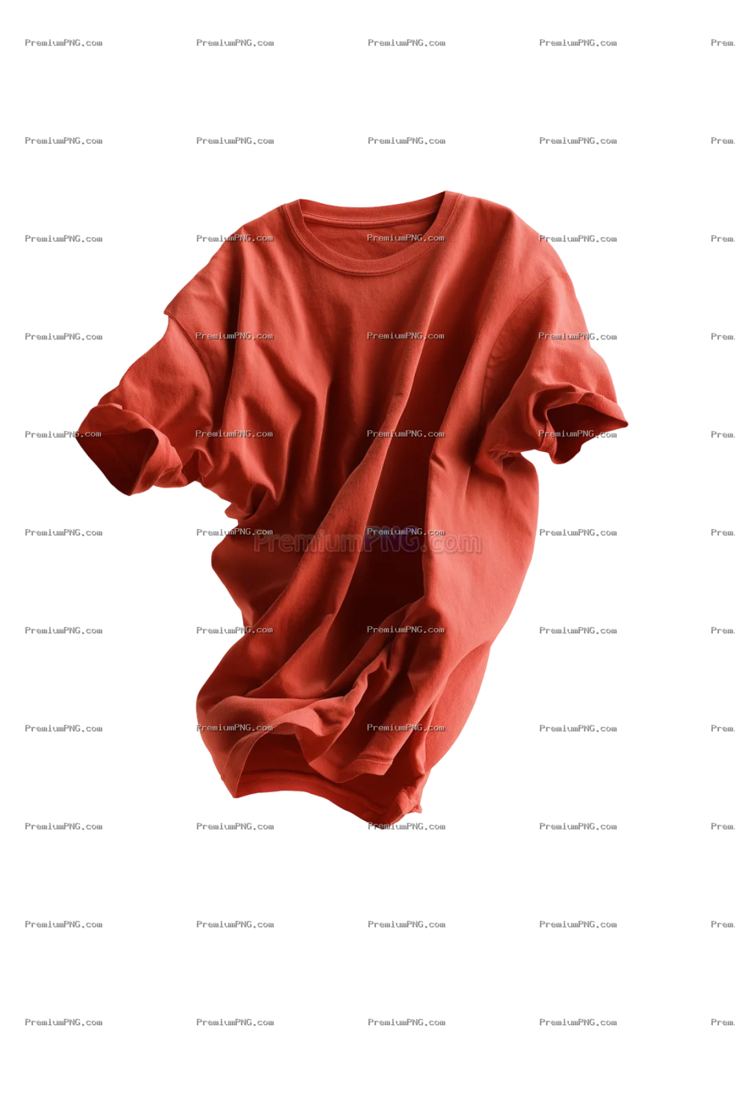 a classic coral red cotton t-shirt floating mid-air, soft natural folds