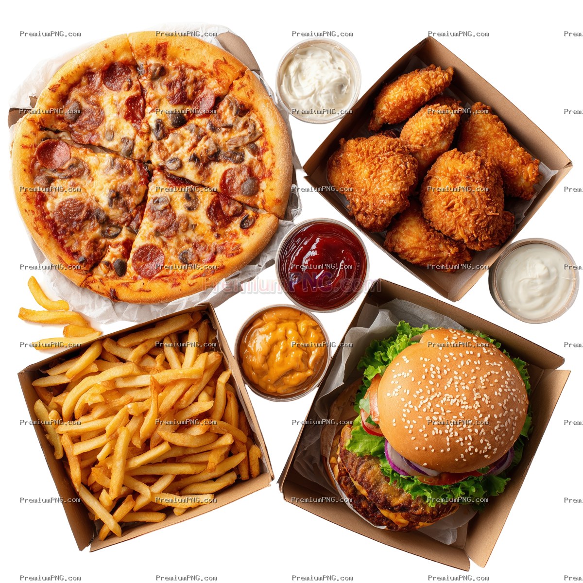 Assortment of take out or delivery foods. Pizza, hamburgers, fried chicken and sides
