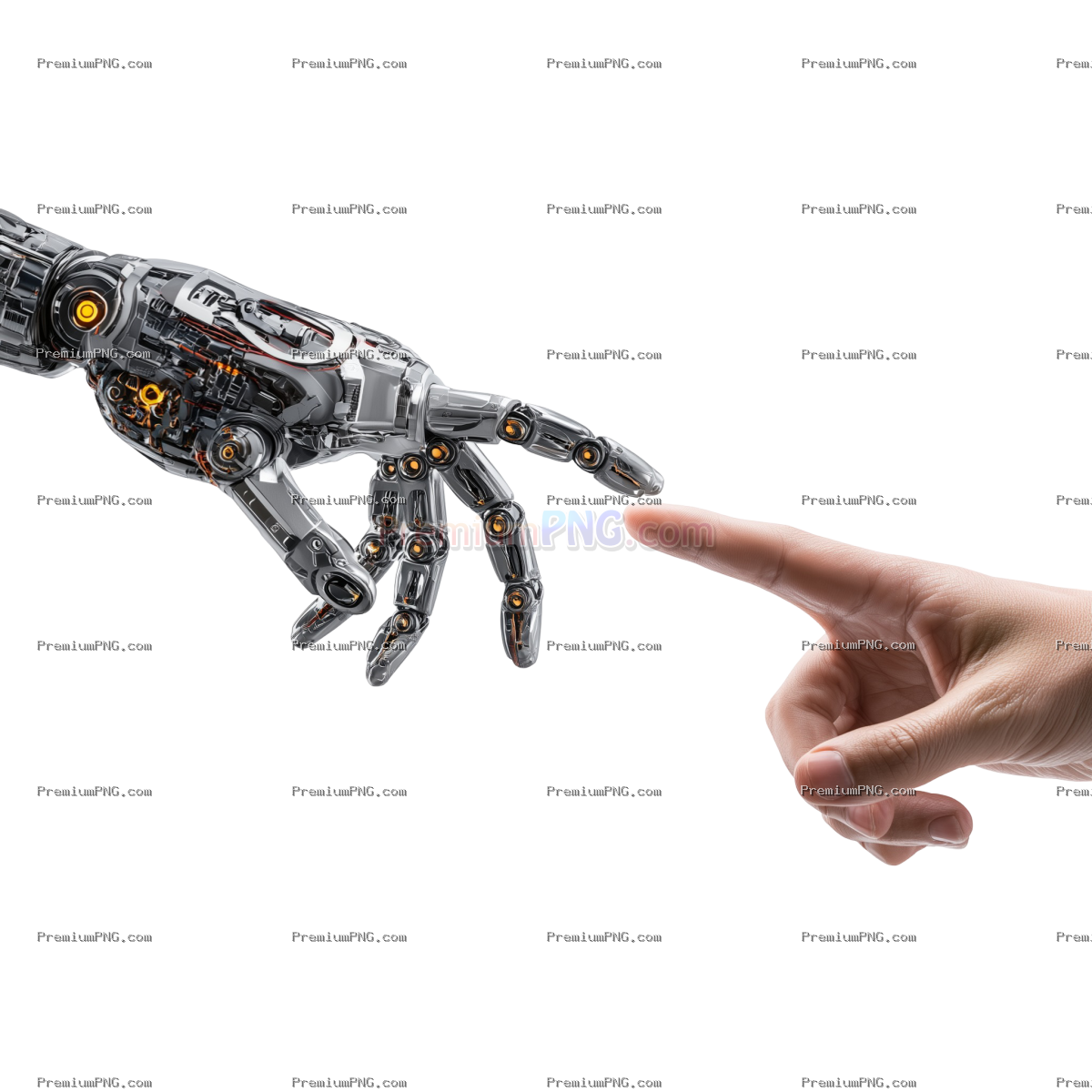 A futuristic robotic hand reaching out to touch a human finger