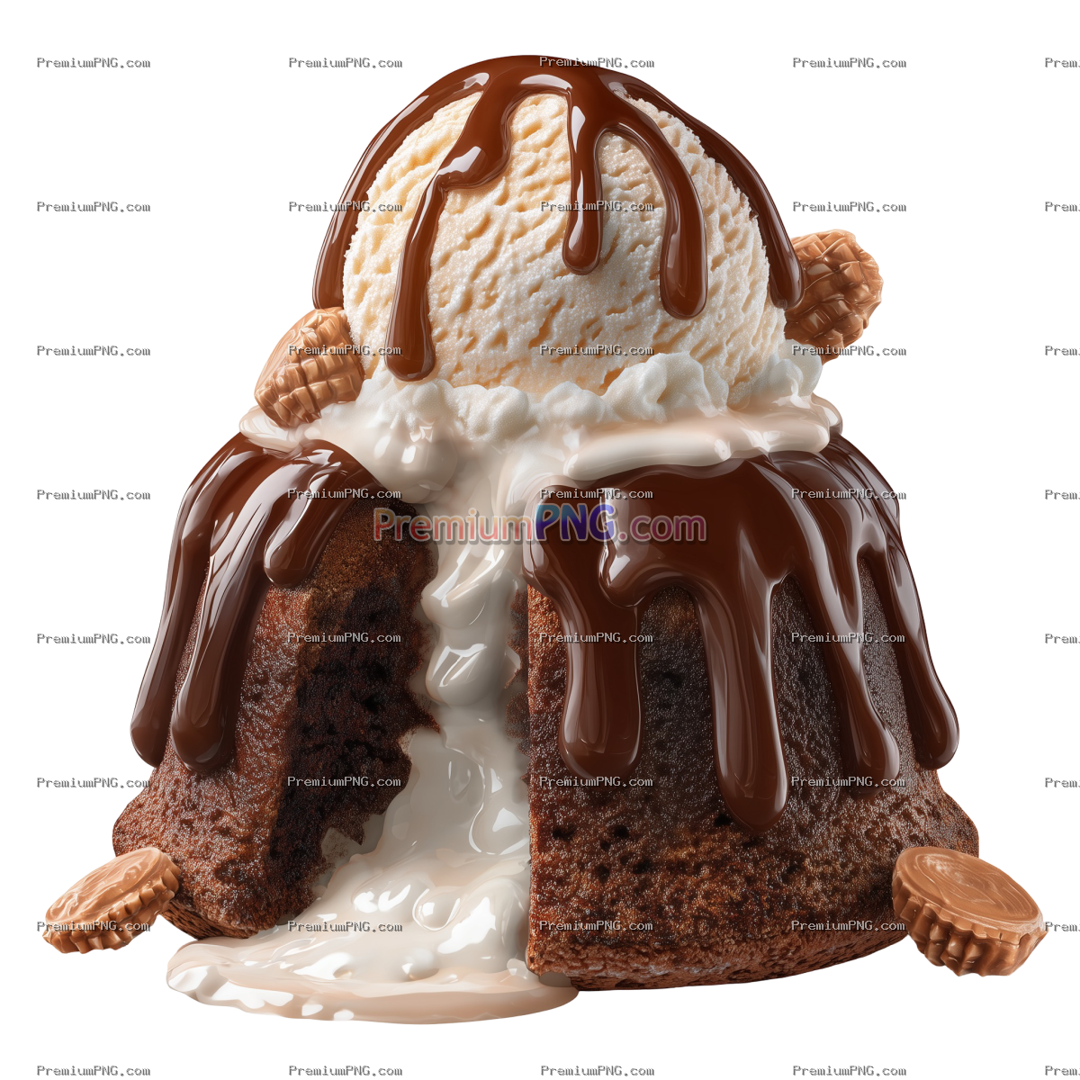 3D molten lava cakes with ice cream isolated on transparent PNG background