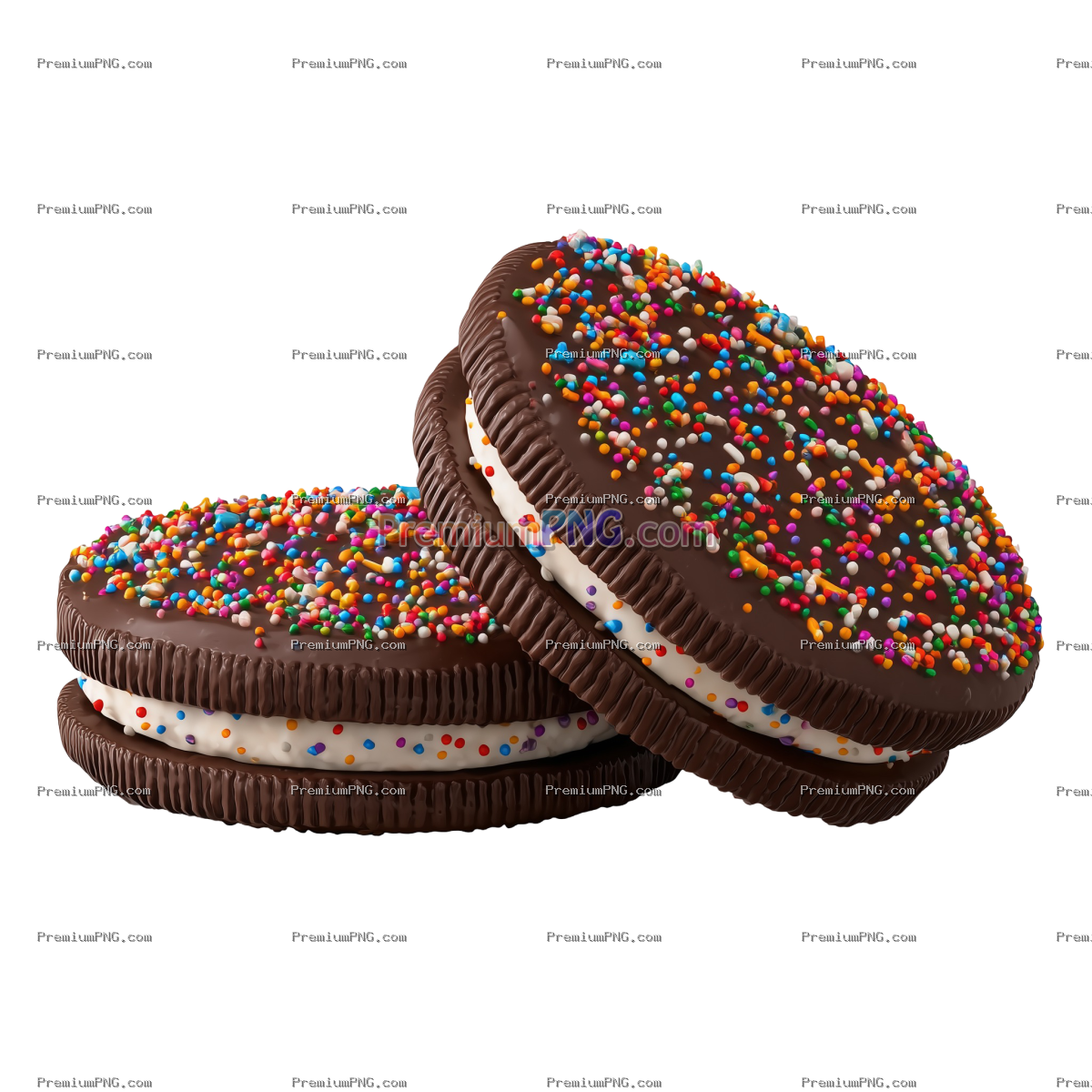 3D chocolate sandwich cookies with sprinkles isolated on transparent PNG background