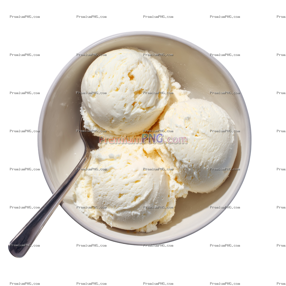 a top down photo of a bowl of french vanilla ice cream with three scoops