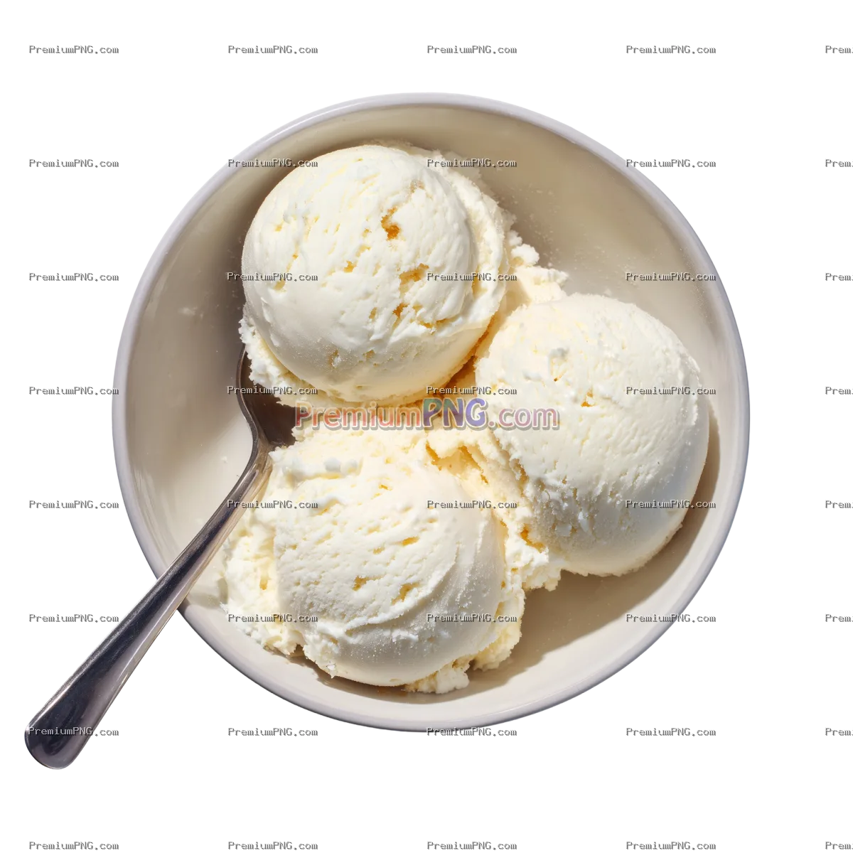 a top down photo of a bowl of french vanilla ice cream with three scoops