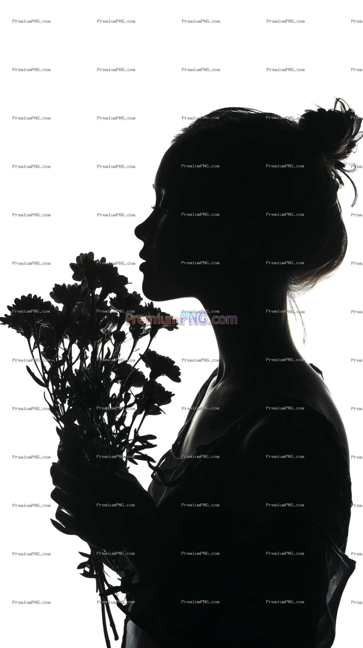 a woman holding flowers silhouetted against a white background