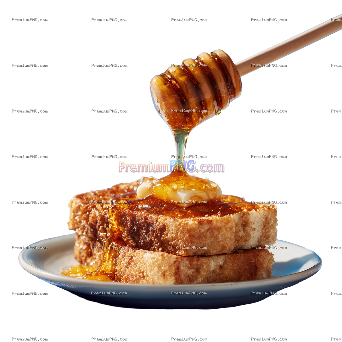 Drizzling Honey Over Toast on Blue Tablecloth for Breakfast Delight on white background