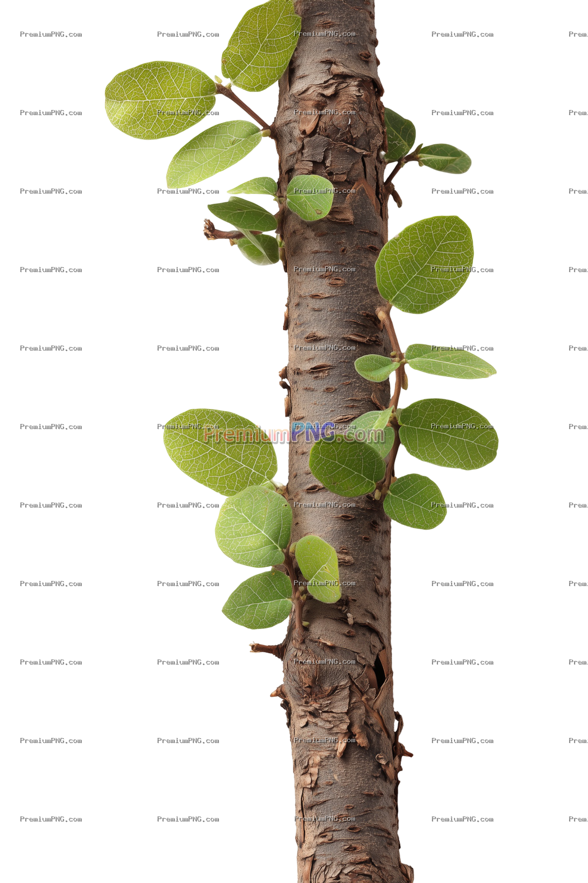 vertical tree branch with a distinct horizontal extension at the end small clusters of fresh leaves