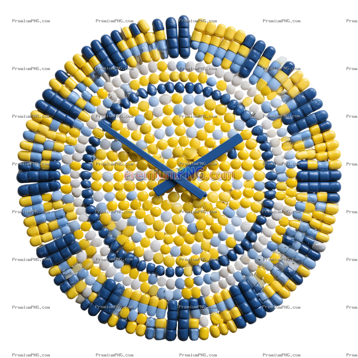 Clock made of blue and yellow pills on white background