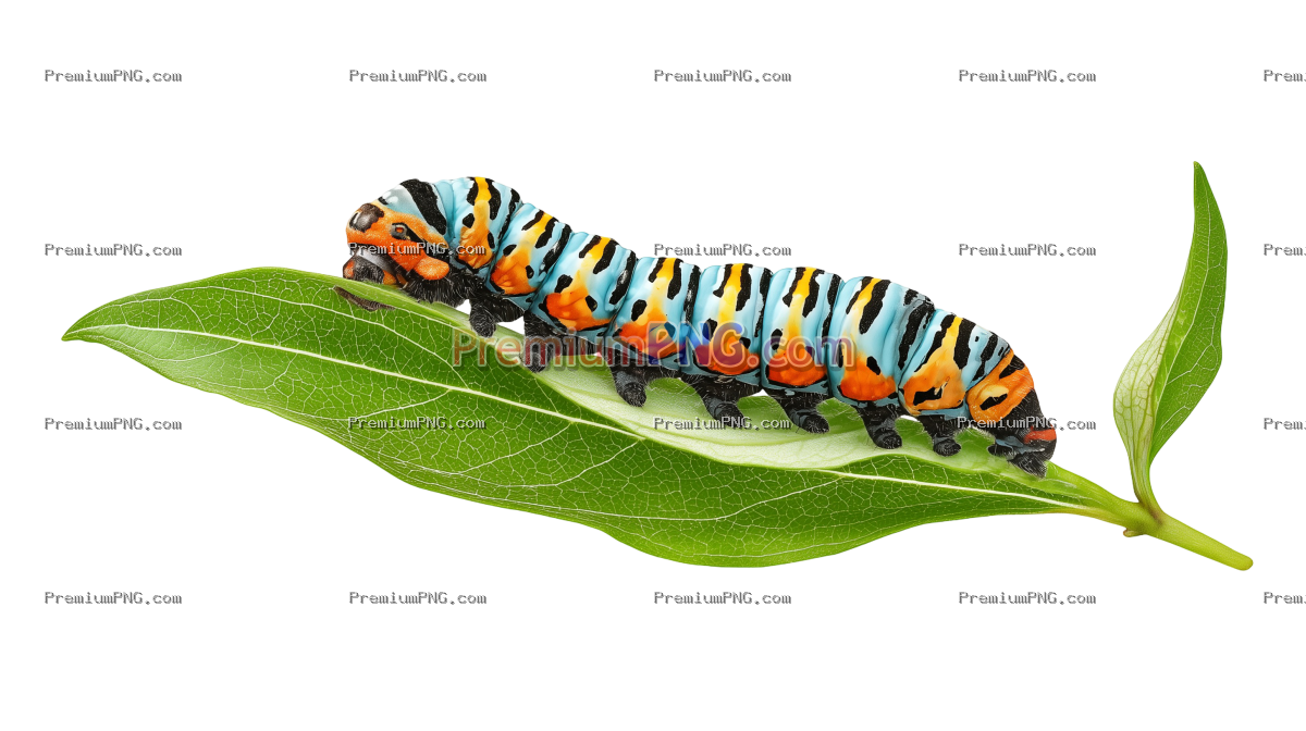 Colorful caterpillar on milkweed leaf isolated on transparent background