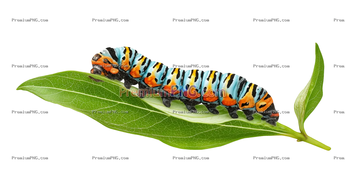 Colorful caterpillar on milkweed leaf isolated on transparent background