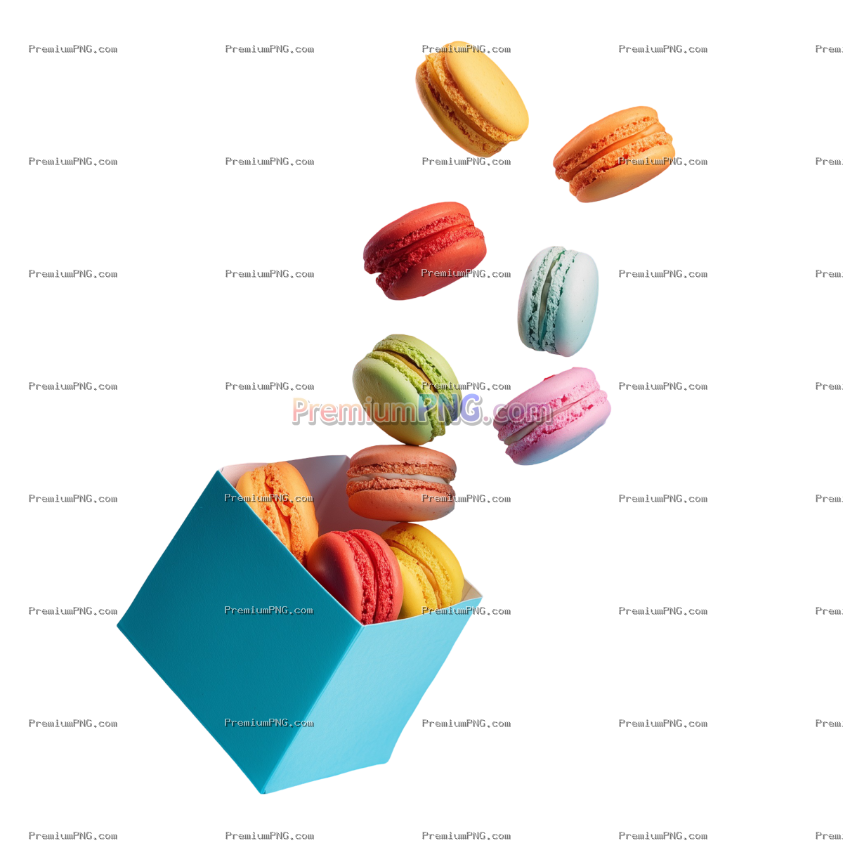 Colorful macaroons falling in paper box over transparent background